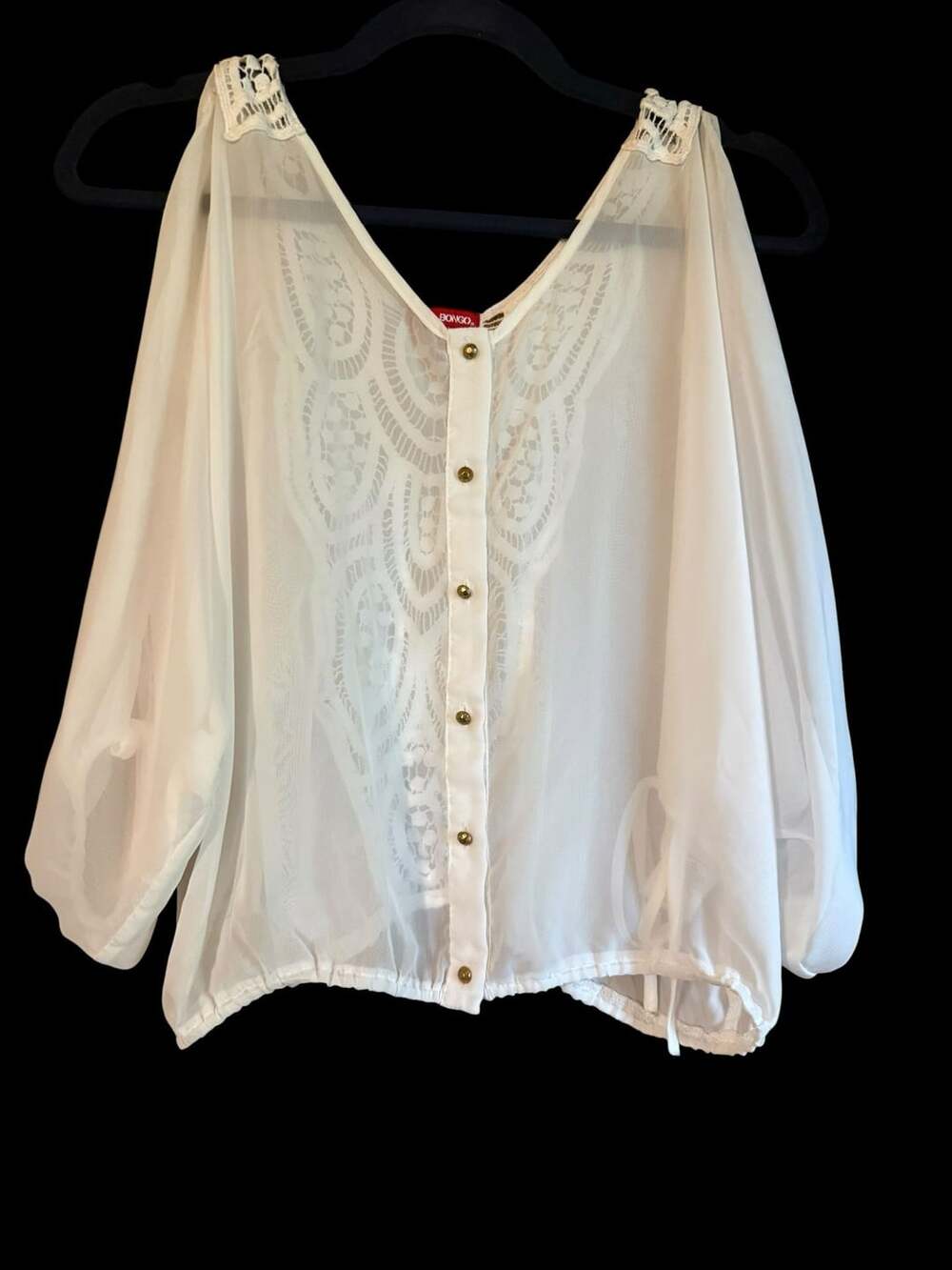 Bongo Women's White Sheer Cold-Shoulder Blouse‎ with Lace Detail